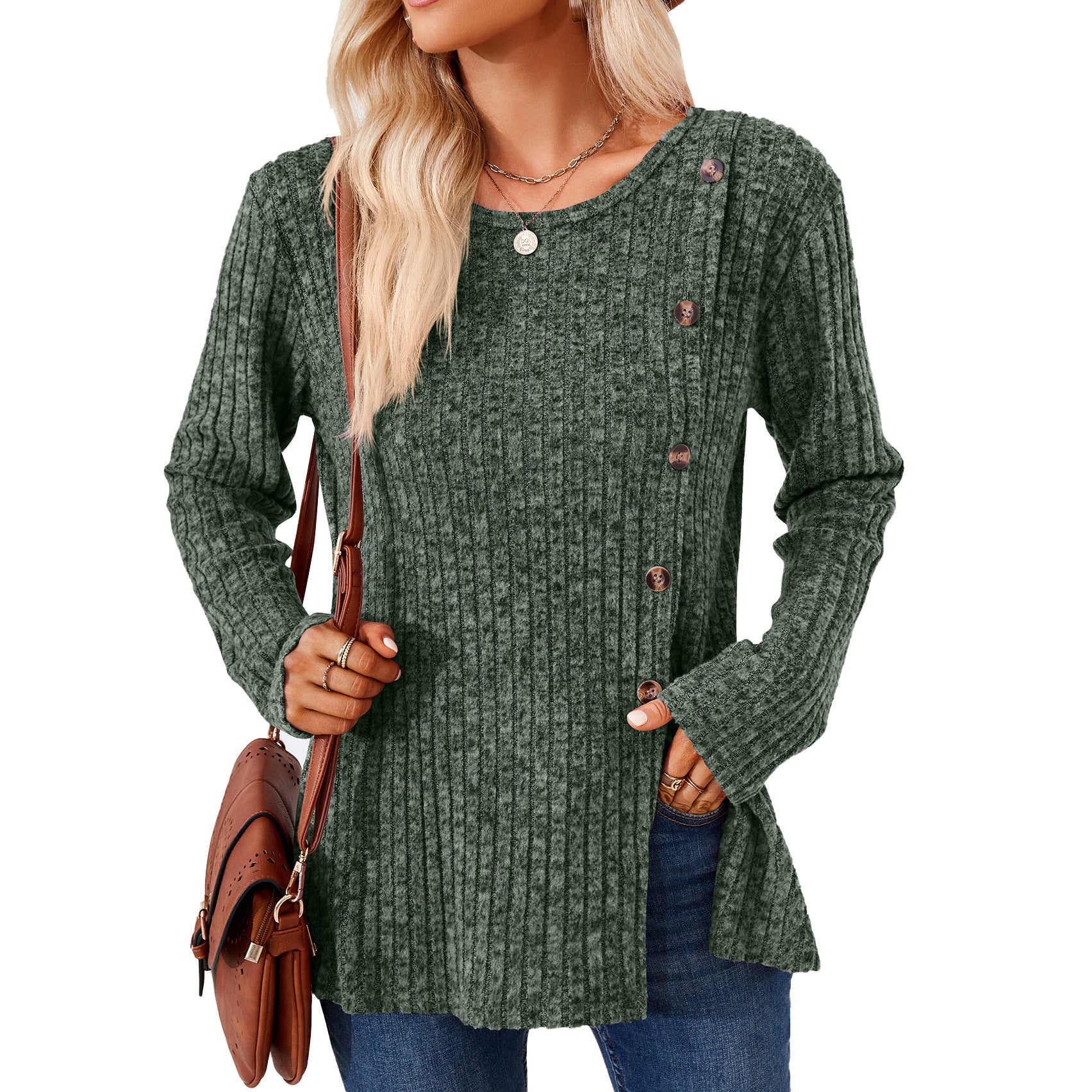 Wholesale Autumn and Winter Round Neck Solid Color Patchwork Button Long Sleeve Loose T-shirt
